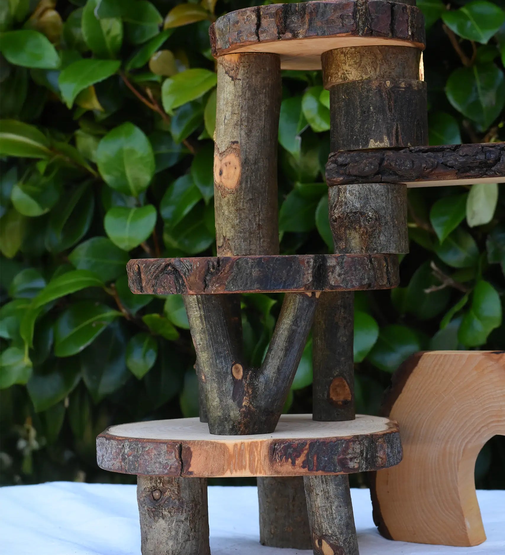 Close up of the logs from the Magic Wood Eco Blocks in a 22 piece set stacked on top of each other.