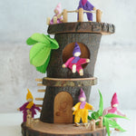 Magic Wood Tree Cave with the Magic Wood felted elves posed on various parts