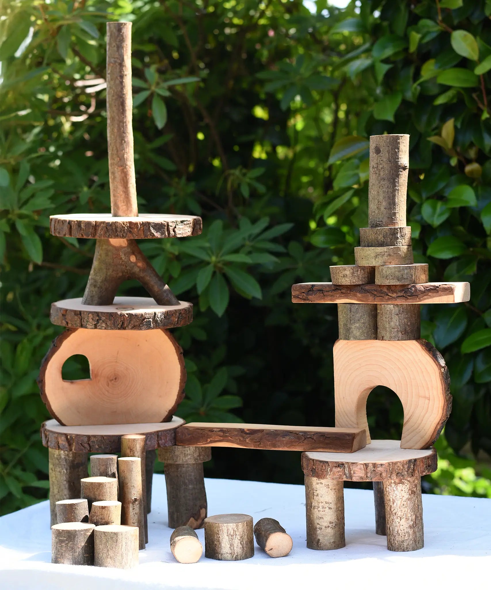 Wooden block structure built using the  Magic Wood oiled ecoBlocks 36 piece set.