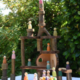 Tall building created using the Magic Wood oiled ecoBlocks 36 piece set with Grapat Nins and Grimm's friends placed on it.