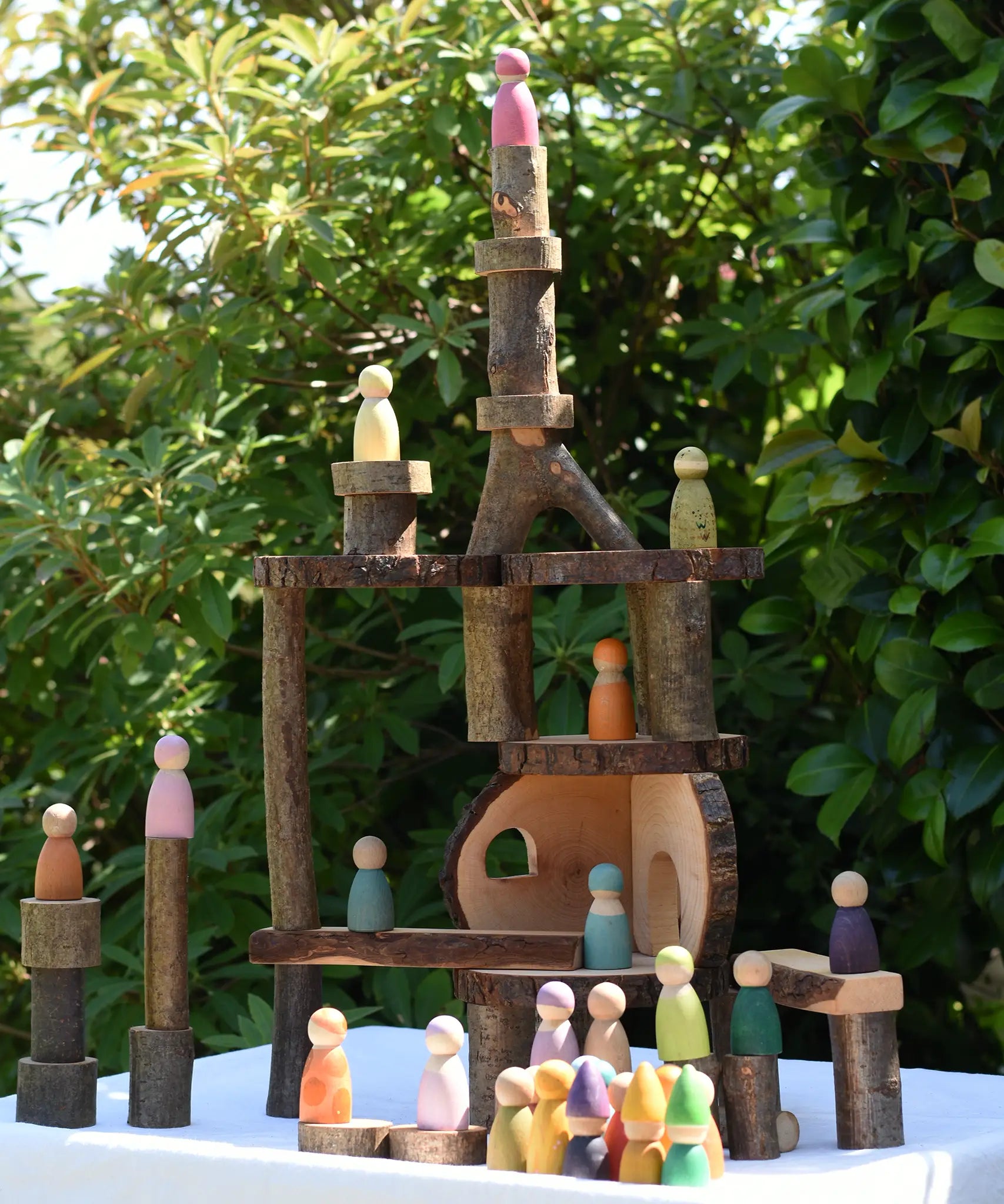  Tall building created using the Magic Wood oiled ecoBlocks 36 piece set with Grapat Nins and Grimm's friends placed on it.
