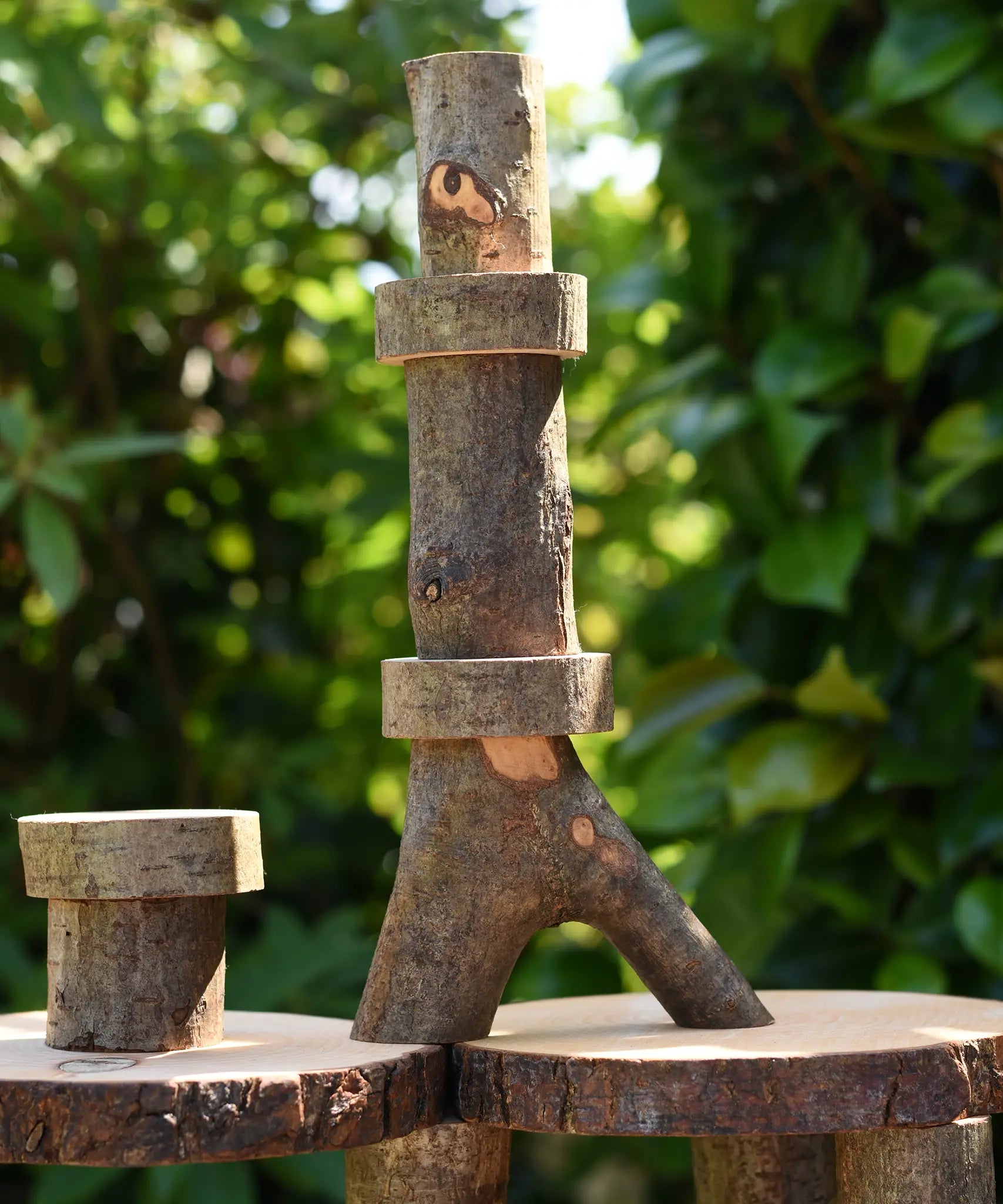  Close up of pieces stacked from the Magic Wood oiled ecoBlocks 36 piece set.