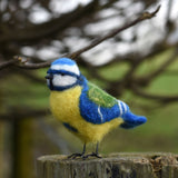 A felted blue tit bird perched on a gate post. The bird as been created using the Makerss - Small Blue Tit Needle Felt Kit