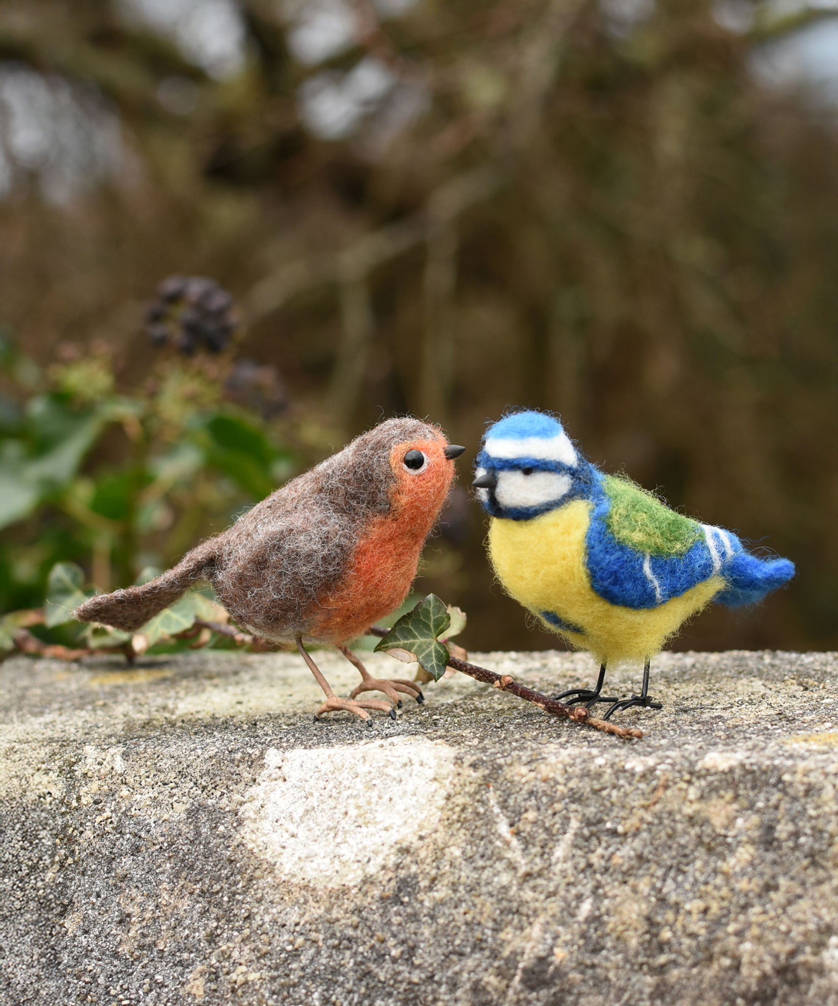 Two felted birds, a robin and a blue tit. Both have been created using craft kits by the Makerss.