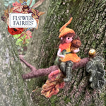 The Makerss Official Flower Fairies™️ acorn fairy needle felt kit finished product placed on a tree. 