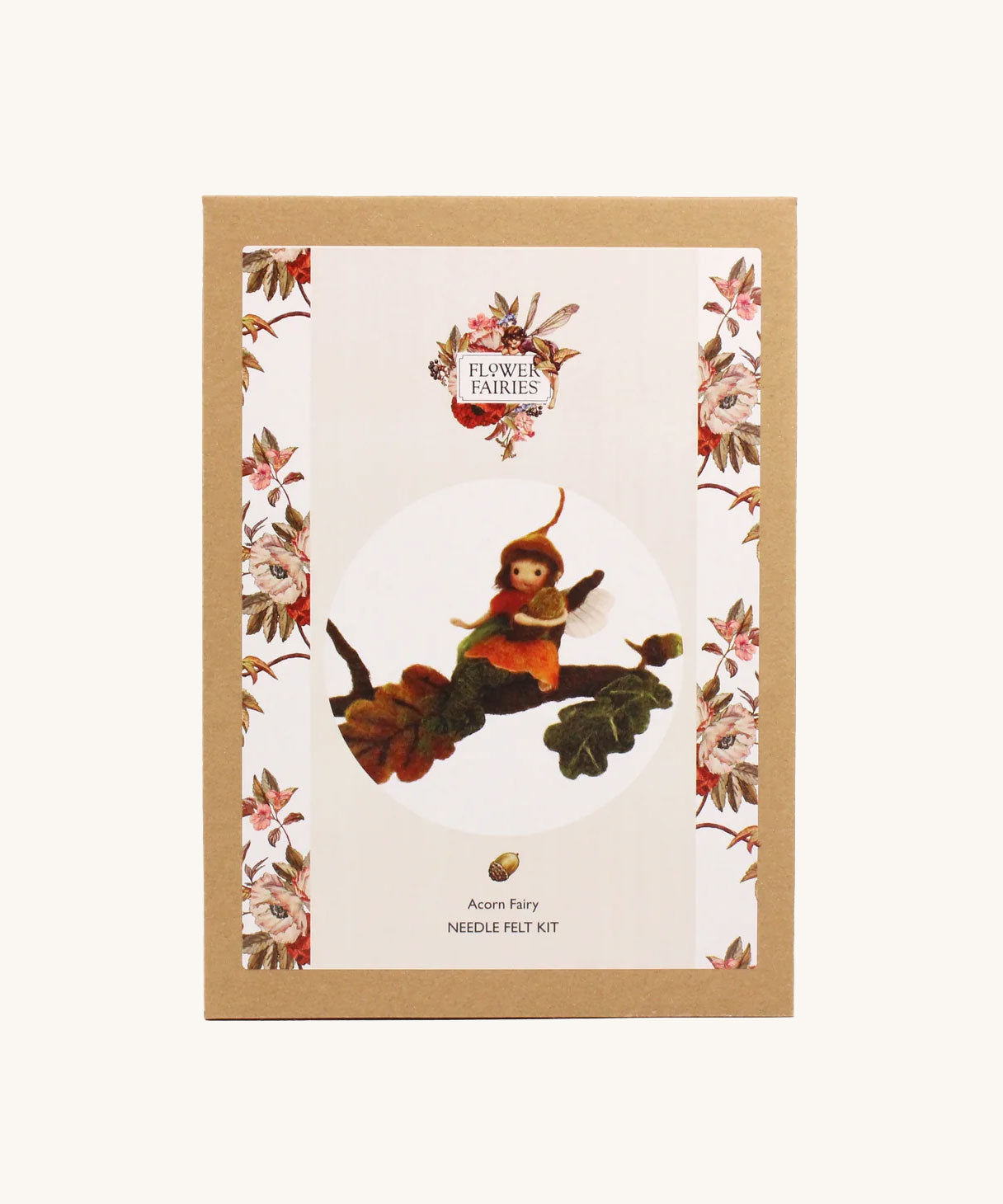 The Makerss Official Flower Fairies™️ acorn fairy needle felt kit in it's cardboard packaging box on a plain background. 