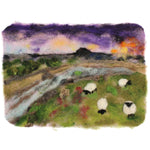 shading and a lovely purple sky with natural green landscape colours. There are four sheep grazing on the g