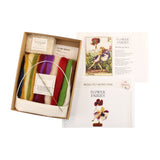 The contents of the The Makerss Official Flower Fairies™️ - Pansy Fairy Needle Felt Kit. Includes various coloured wool, felting needsle, eco wool mats, wire, glue-in eyes, the Pansy Fairy poem, and instructions.