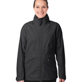 A person wearing the Mamalila Outdoor Explorer Babywearing Jacket - Black