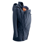 Mamalila Dublin Babywearing Rain Coat in Navy. A maternity and babycarrying hooded rain coat in navy blue. Front view, with baby carrying insert at front and baby hood up. White background
