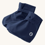 Mamalila softshell booties in navy/ice blue available at Babipur. A dark blue water resistant baby shoe with a velcro tab for a easy fit