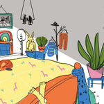 Pages of the my must have mum childrens book showing an illustration of a girl tucked up in a large yellow bed