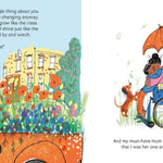 Pages of the my must have mum childrens book showing an illustration of a woman and girl hugging in a wheelchair