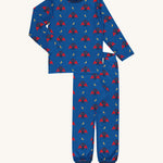 Maxomorra Bat Long Sleeve Pyjama Set on a plain background. The navy and red bat print is on a royal blue background with navy leg cuffs and collar binding. 