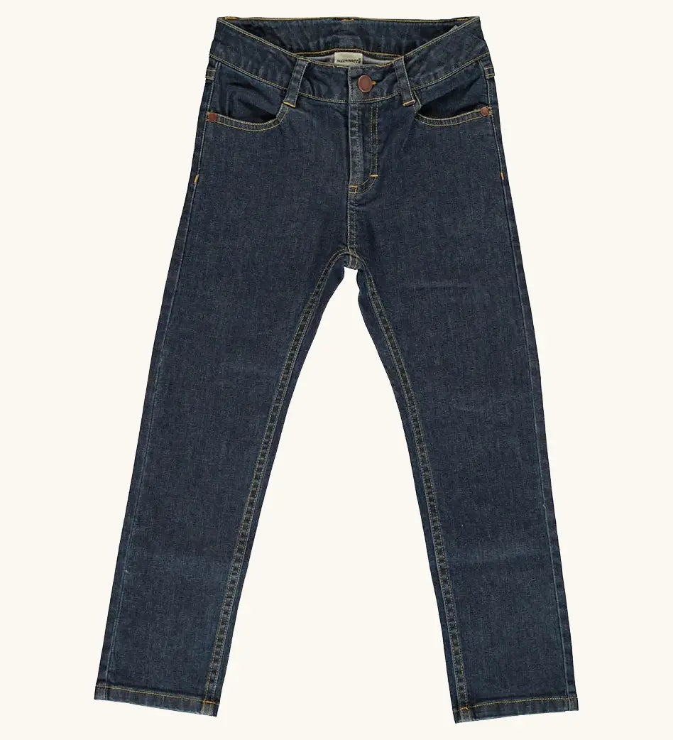 Maxomorra GOTS certified cotton kids dark wash jeans with side pockets , straight-leg and adjustable elasticated waistband for a comfortable fit