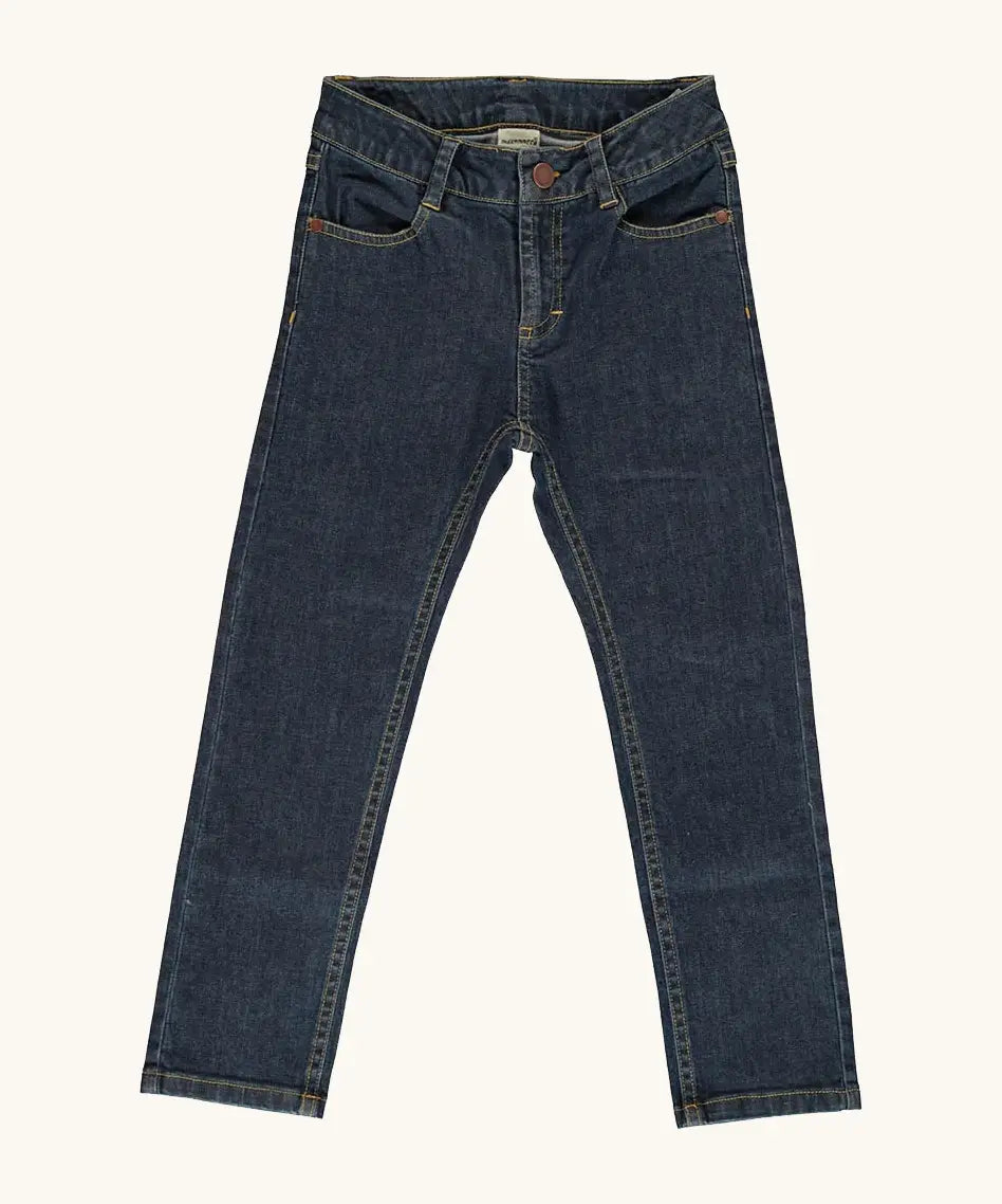 Maxomorra GOTS certified cotton kids dark wash jeans with side pockets , straight-leg and adjustable elasticated waistband for a comfortable fit