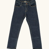Maxomorra GOTS certified cotton kids dark wash jeans with side pockets , straight-leg and adjustable elasticated waistband for a comfortable fit