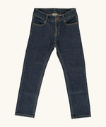 Maxomorra GOTS certified cotton kids dark wash jeans with side pockets , straight-leg and adjustable elasticated waistband for a comfortable fit