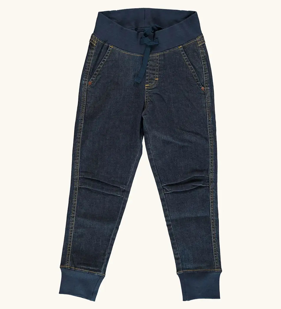 Maxomorra GOTS certified cotton kids dark jogger pants with side pockets, A wide stretchy waistband with an adjustable drawstring