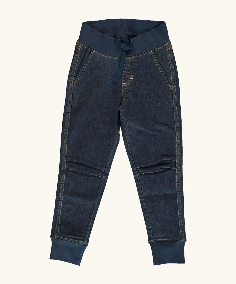 Maxomorra GOTS certified cotton kids dark jogger pants with side pockets, A wide stretchy waistband with an adjustable drawstring