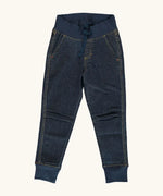 Maxomorra GOTS certified cotton kids dark jogger pants with side pockets, A wide stretchy waistband with an adjustable drawstring