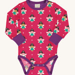 An organic cotton Maxomorra baby bodysuit featuring a fairy print design on a hot pink background with contrasting purple sleeve trims and binding.
