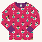 Maxomorra Fairy Long Sleeve Top on a plain background. A fun all over fairy print on a hot pink background with contrasting purple wrist cuffs and collar binding. 