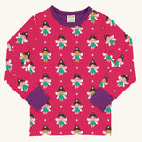 Maxomorra Fairy Long Sleeve Top on a plain background. A fun all over fairy print on a hot pink background with contrasting purple wrist cuffs and collar binding. 