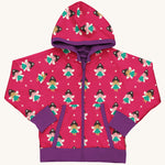 Maxomorra Fairy Reversible Zip Hoodie on a plain background. This hooded zipped cardigan has an all over fairy print on a hot pink background with contrasting purple sleeve trims and hood, zip and pocket bindings.