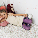 Girl wearing the Maxomorra kids GOTS organic cotton leggings in purple with a repeating cute hedgehog print and elasticated waist band with a cream vest top.