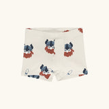 Maxomorra kids GOTS organic cotton boxer shorts in light cream with a repeating cartoon style viking print. Features an elasticated waist band