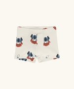 Maxomorra kids GOTS organic cotton boxer shorts in light cream with a repeating cartoon style viking print. Features an elasticated waist band