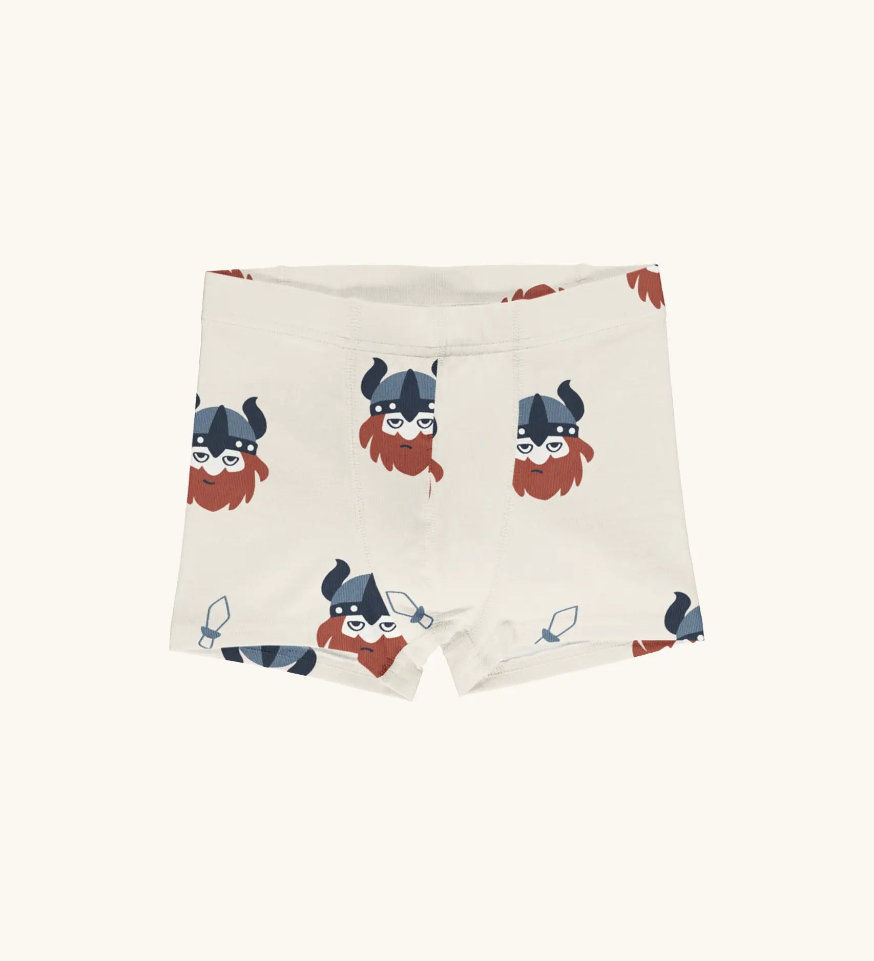 Maxomorra kids GOTS organic cotton boxer shorts in light cream with a repeating cartoon style viking print. Features an elasticated waist band