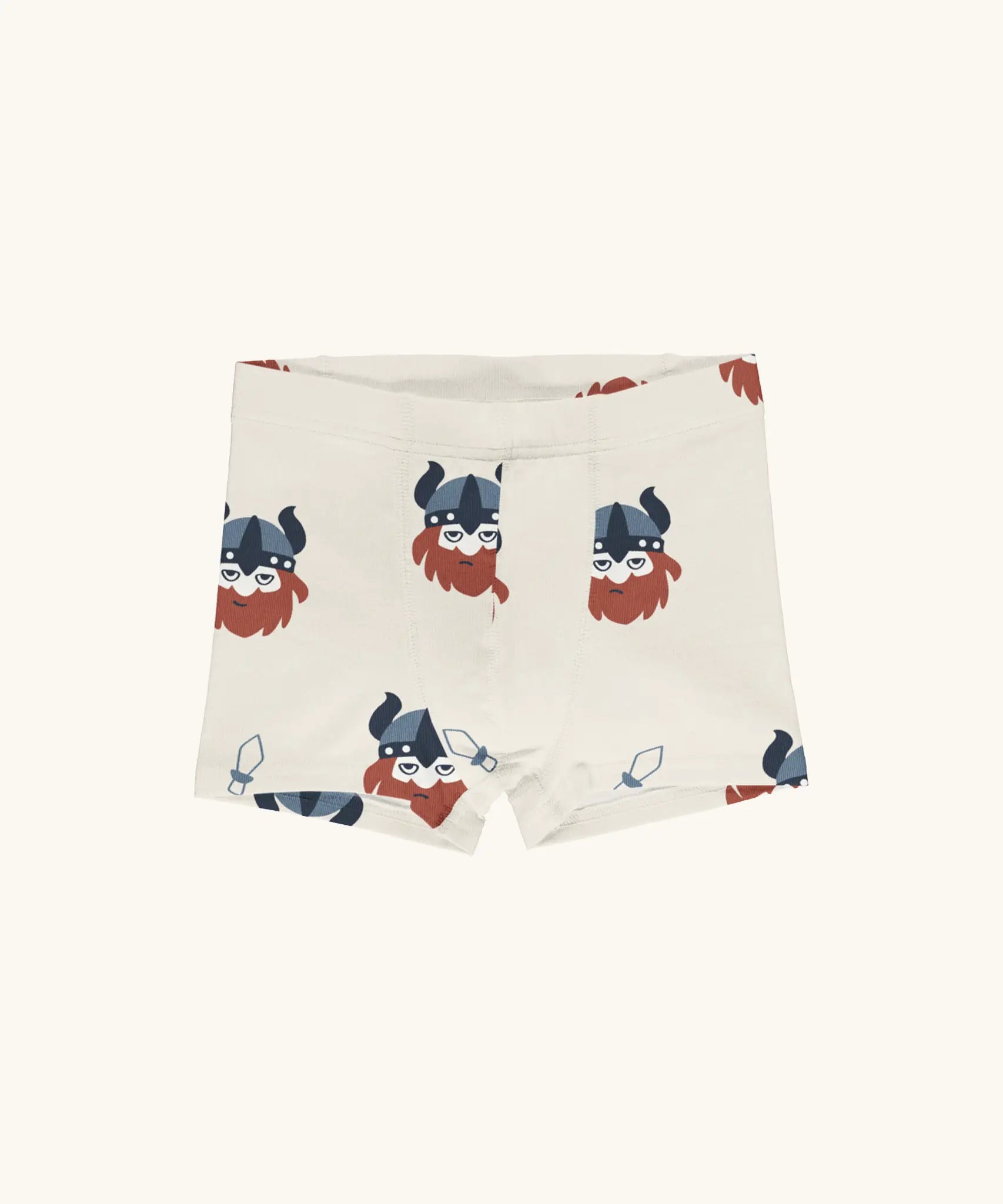 Maxomorra kids GOTS organic cotton boxer shorts in light cream with a repeating cartoon style viking print. Features an elasticated waist band