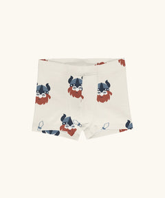 Maxomorra kids GOTS organic cotton boxer shorts in light cream with a repeating cartoon style viking print. Features an elasticated waist band