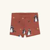 Maxomorra kids GOTS organic cotton boxer shorts in red with a repeating cartoon style blue dragon print. Features an elasticated waist band.