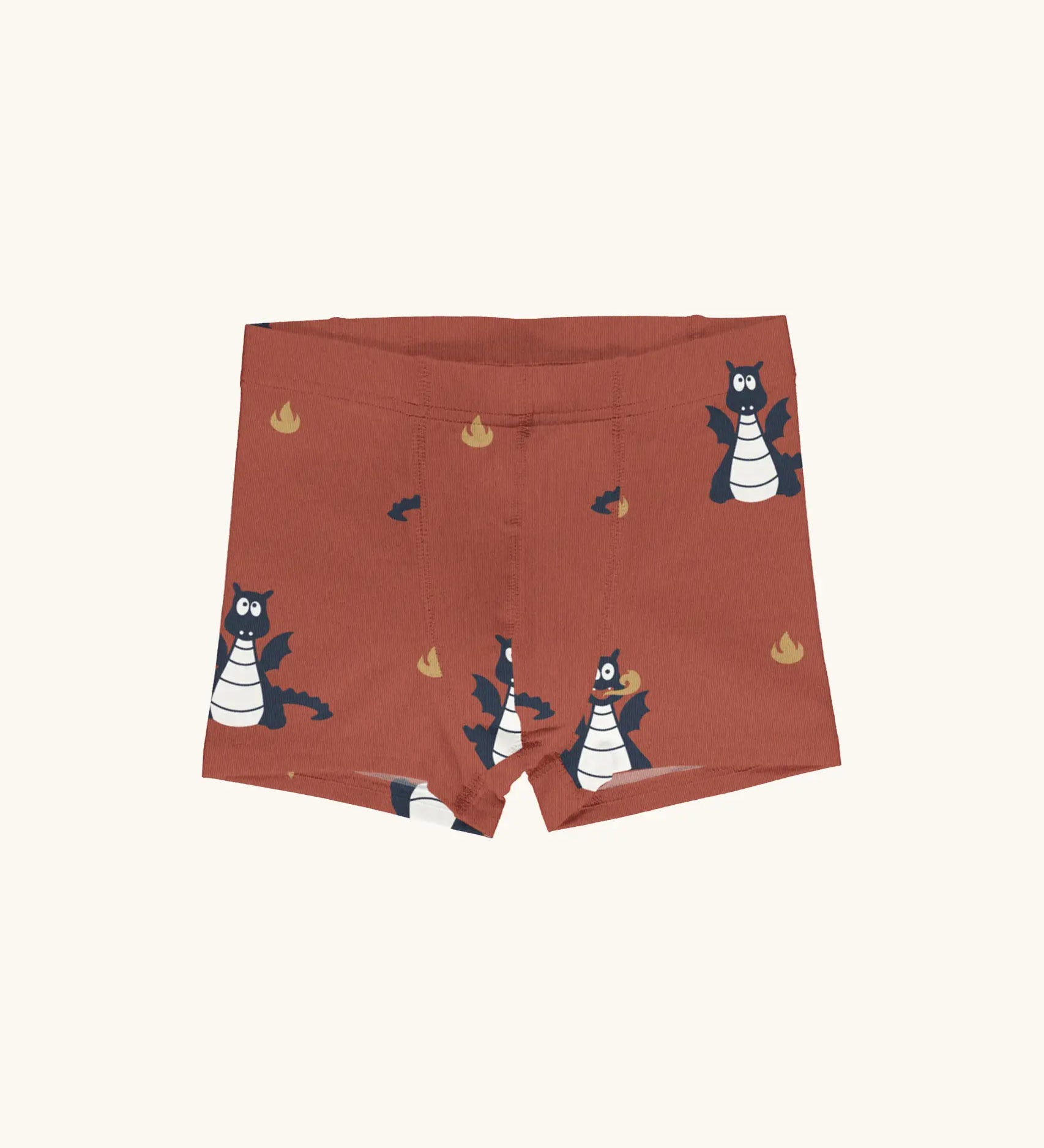 Maxomorra kids GOTS organic cotton boxer shorts in red with a repeating cartoon style blue dragon print. Features an elasticated waist band.