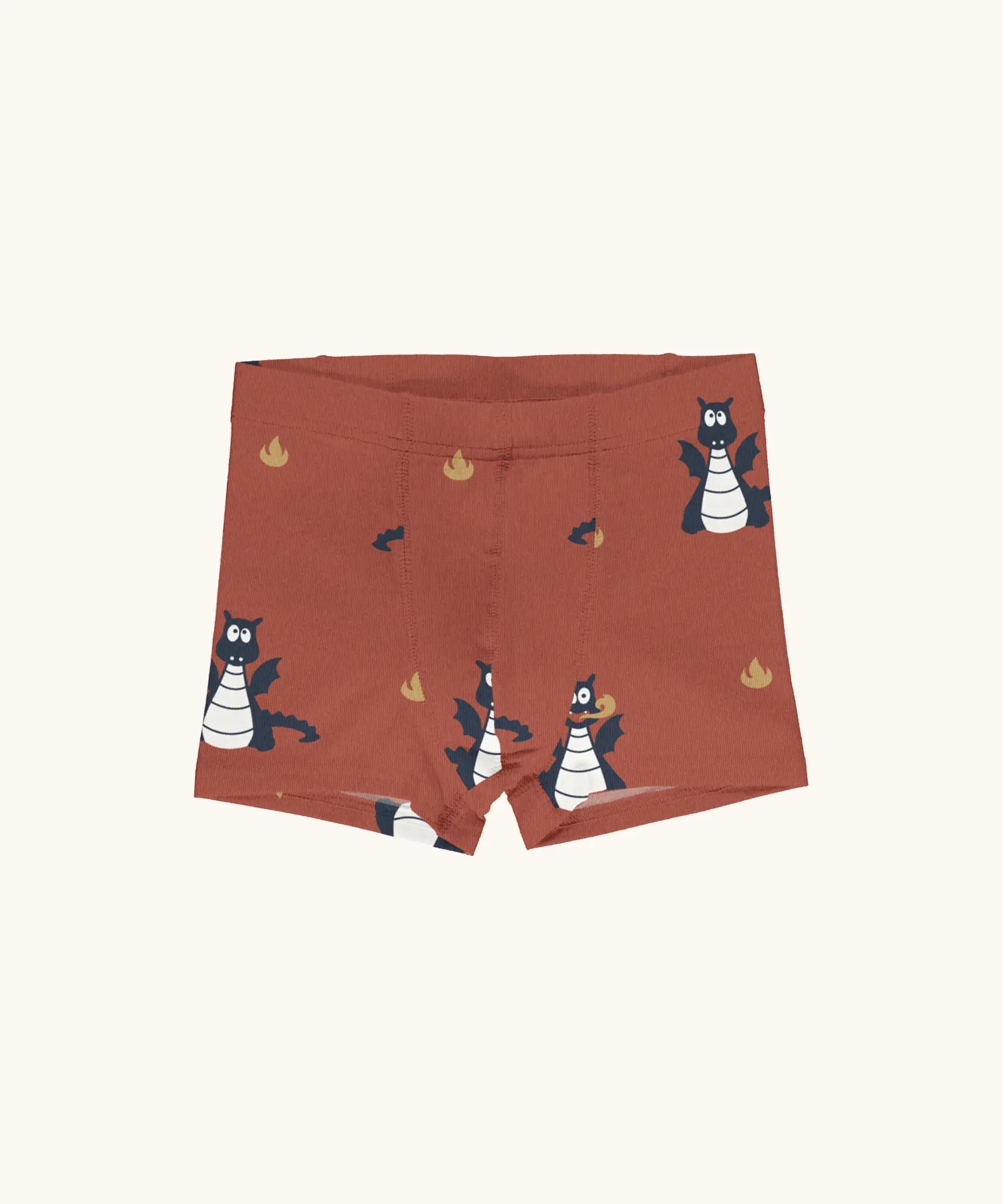 Maxomorra kids GOTS organic cotton boxer shorts in red with a repeating cartoon style blue dragon print. Features an elasticated waist band.