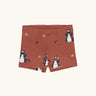 Maxomorra kids GOTS organic cotton boxer shorts in red with a repeating cartoon style blue dragon print. Features an elasticated waist band.