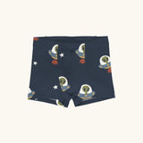 Maxomorra kids GOTS organic cotton boxer shorts in blue with a repeating cartoon style UFO and green alien print. Features an elasticated waist band.