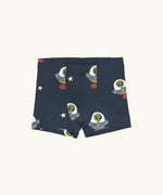 Maxomorra kids GOTS organic cotton boxer shorts in blue with a repeating cartoon style UFO and green alien print. Features an elasticated waist band.