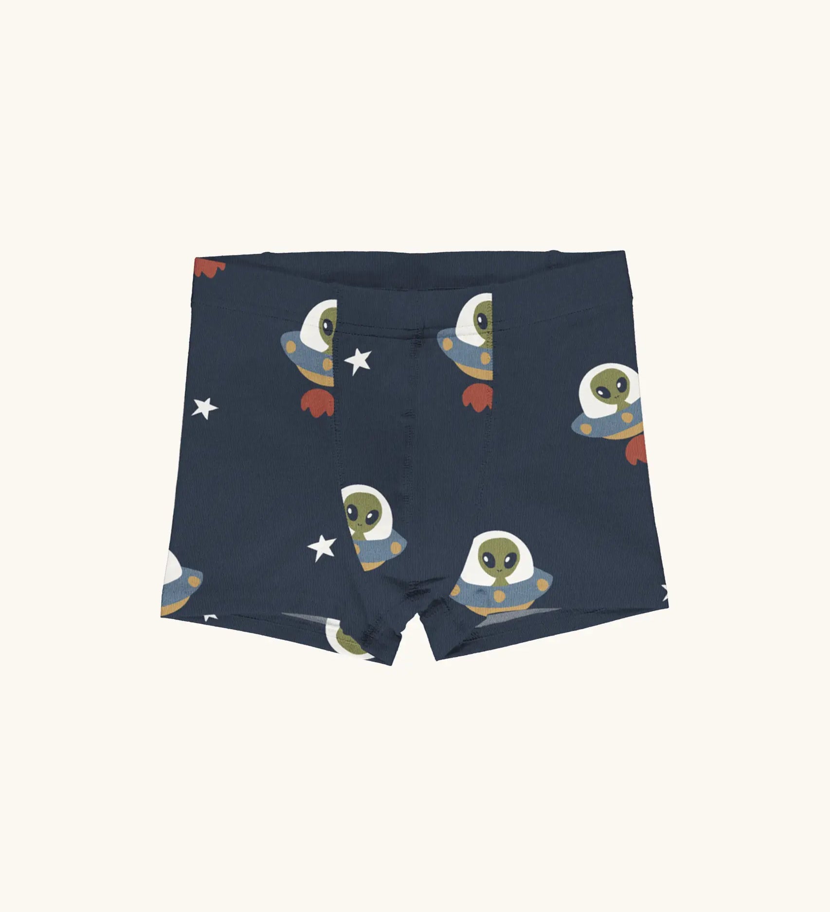 Maxomorra kids GOTS organic cotton boxer shorts in blue with a repeating cartoon style UFO and green alien print. Features an elasticated waist band.