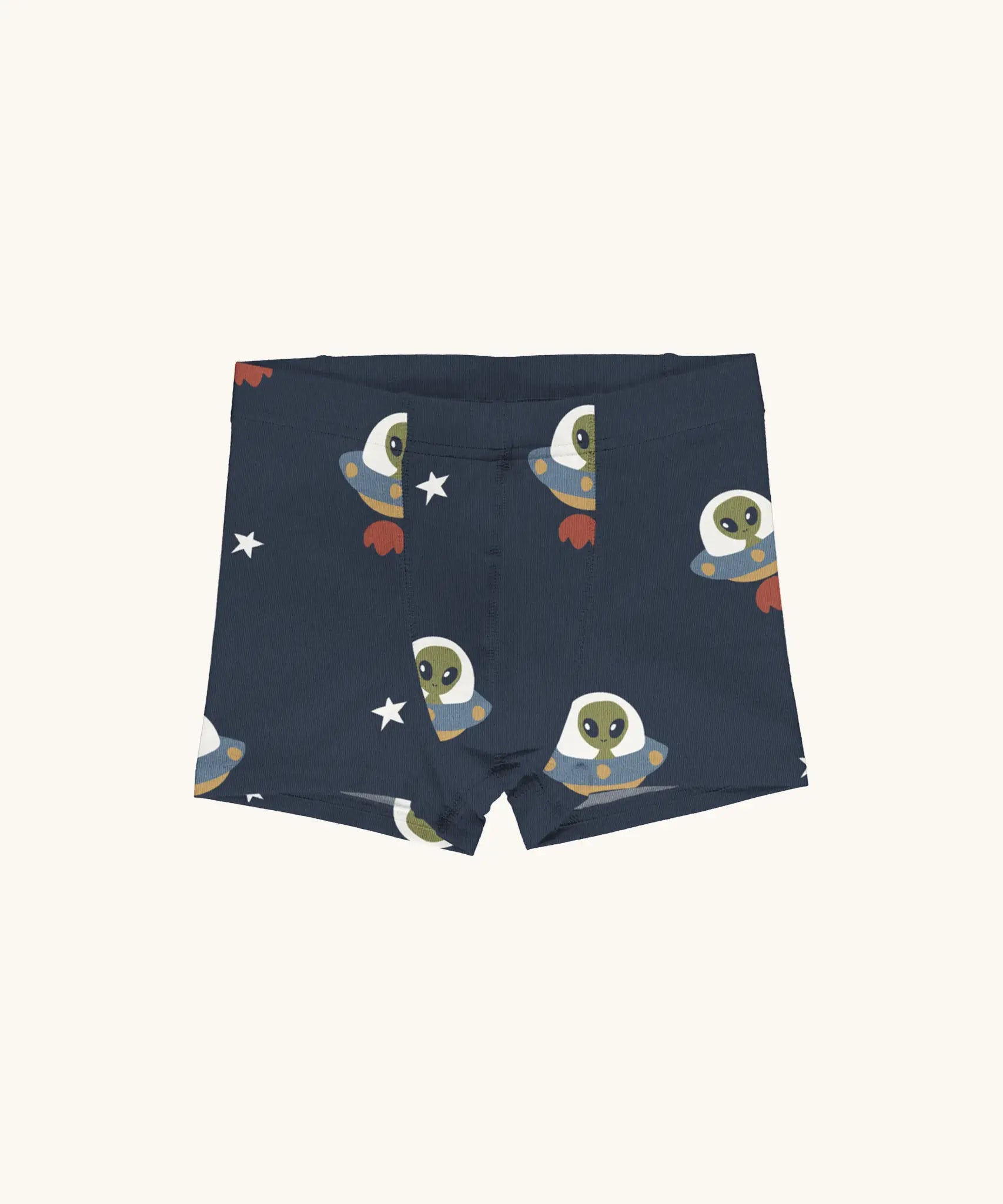 Maxomorra kids GOTS organic cotton boxer shorts in blue with a repeating cartoon style UFO and green alien print. Features an elasticated waist band.