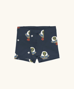 Maxomorra kids GOTS organic cotton boxer shorts in blue with a repeating cartoon style UFO and green alien print. Features an elasticated waist band.