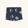 Maxomorra kids GOTS organic cotton boxer shorts in blue with a repeating cartoon style UFO and green alien print. Features an elasticated waist band.