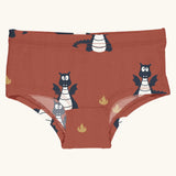 Maxomorra kids GOTS organic cotton brief hipster pants in red with a repeating cartoon style blue dragon print. Features a elasticated waist band.