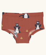Maxomorra kids GOTS organic cotton brief hipster pants in red with a repeating cartoon style blue dragon print. Features a elasticated waist band.