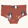 Maxomorra kids GOTS organic cotton brief hipster pants in red with a repeating cartoon style blue dragon print. Features a elasticated waist band.