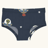 Maxomorra kids GOTS organic cotton brief hipster pants in blue with a repeating cartoon style UFO green alien print. Features a elasticated waist band.
