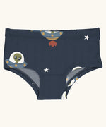 Maxomorra kids GOTS organic cotton brief hipster pants in blue with a repeating cartoon style UFO green alien print. Features a elasticated waist band.